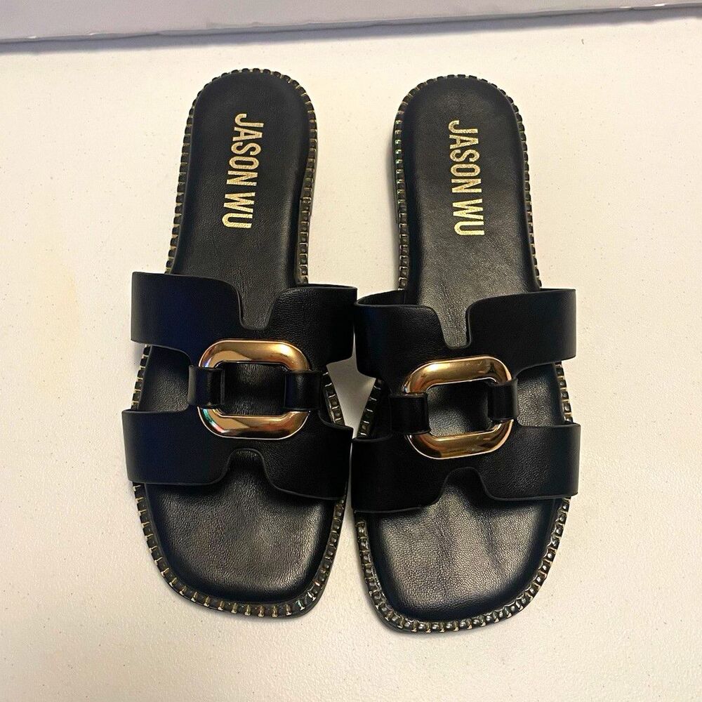 Jason Wu Women's Black Leather Slide Sandals Buckle Slip-On US 7.5